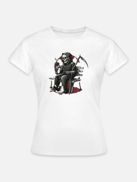 Grim Reaper Kaffee auf Bank - Frauen T-Shirt - Weiß