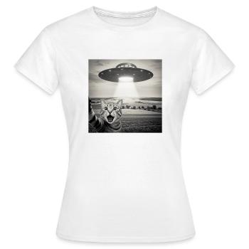 UFO Katze Alien Weltall Lustiges Katzen Motiv - Frauen T-Shirt - Weiß - Vorne - AI Model Female 172 dark (172cm)