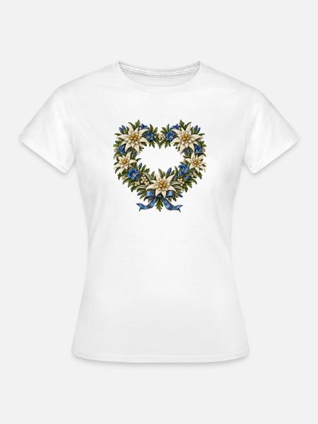 Edelweißherz mit Enzian & blauer Schleife - Frauen T-Shirt - Weiß