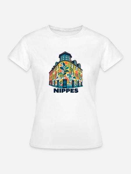 Nippes Eckhaus mit Schrift - Frauen T-Shirt - Weiß