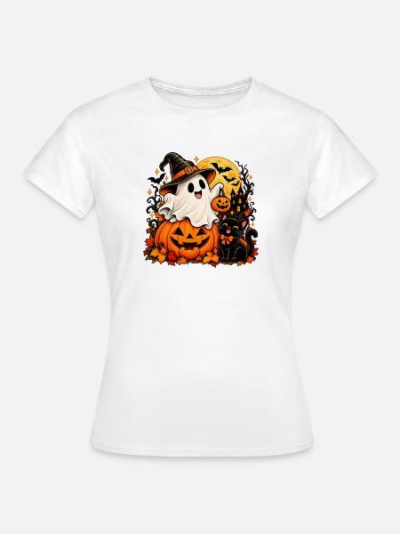 Süßer Halloween-Geist & Schwarze Katze - Frauen T-Shirt - Weiß