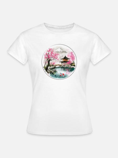 Japanischer Teich im Kirschblüten-Pavillon - Frauen T-Shirt - Weiß