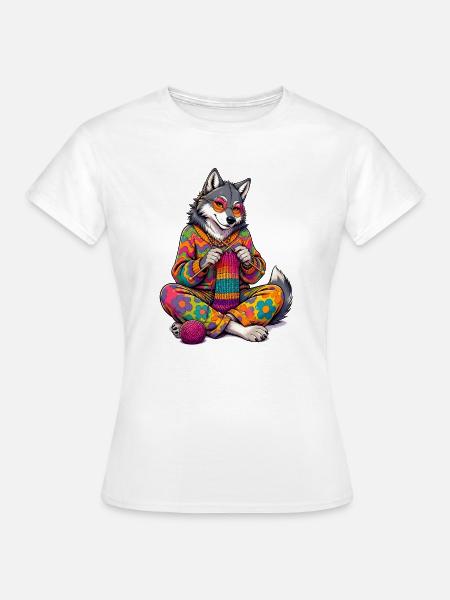 Strickende Hippie Wölfin - Frauen T-Shirt - Weiß