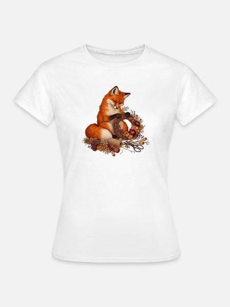 Rotfuchs bindet einen Trockenblumenkranz - Frauen T-Shirt - Weiß