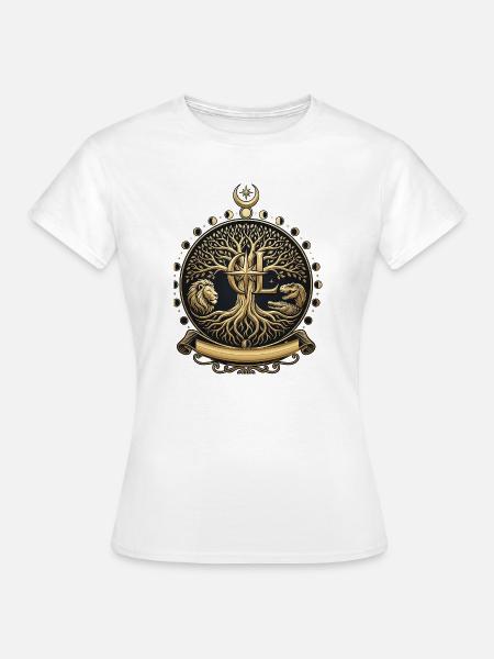 Goldener Lebensbaum, Löwe-, T-Rex- und Mondphasen - Frauen T-Shirt - Weiß