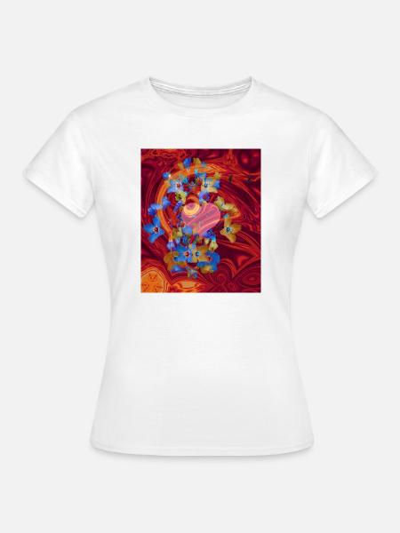 Herz und Blüten mit feurig rotem Hintergrund - Frauen T-Shirt - Weiß