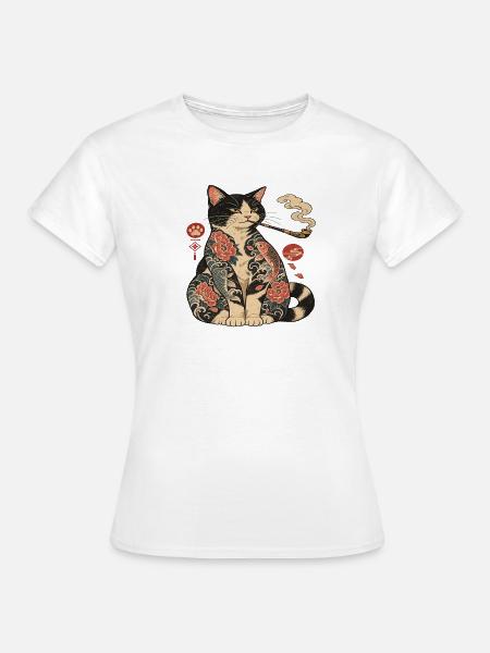 Katzentattoo mit Koi-Blüten - Frauen T-Shirt - Weiß