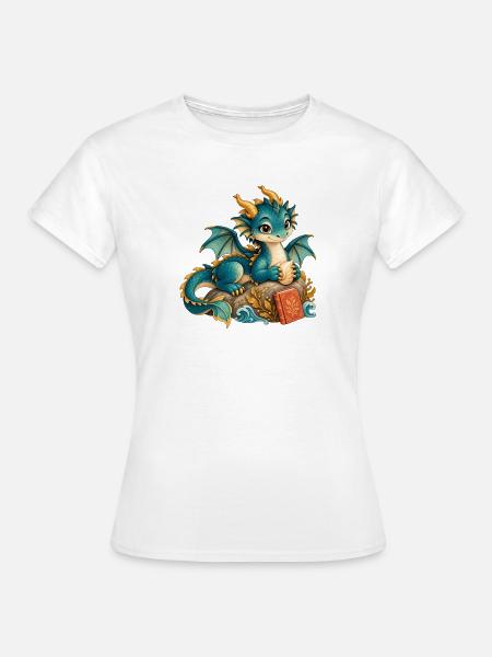 Seedrache mit Buch - Frauen T-Shirt - Weiß