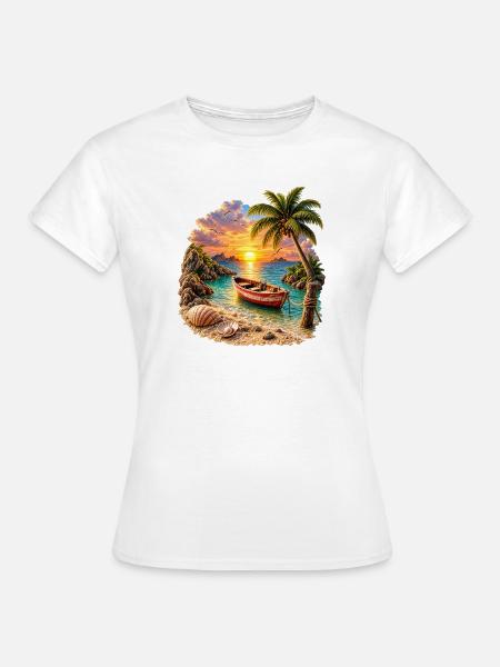 Tropisches Sonnenuntergangsboot bei Palm Beach - Frauen T-Shirt - Weiß