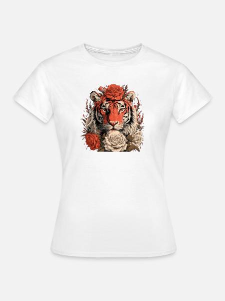 Tiger mit Blumenkrone - Frauen T-Shirt - Weiß