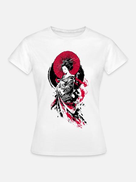 Geisha Parasol Rot Schwarz - Frauen T-Shirt - Weiß