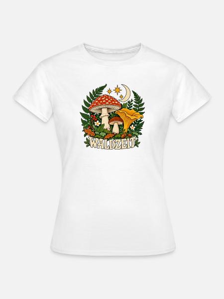 Waldzeit – Pilze und Mond - Frauen T-Shirt - Weiß