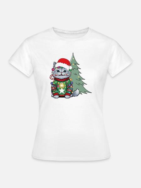 Weihnachtskatze mit Lichtkette - Frauen T-Shirt - Weiß