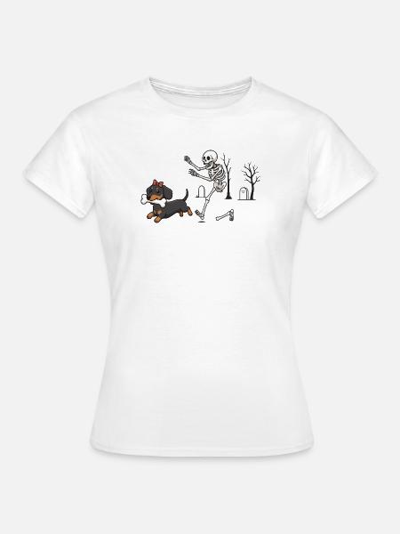 Dackel und Skelett Halloween-Jagd - Frauen T-Shirt - Weiß
