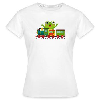Grenouille de dessins animés verts qui acclame avec un train jouet - T-shirt Femme - blanc - Devant - AI Model Female 172 dark (172cm)