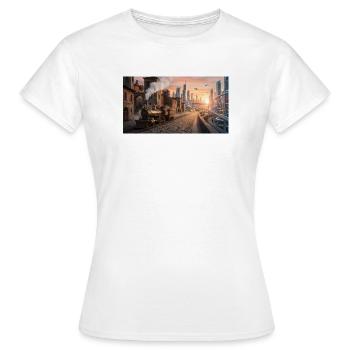 Time Travel: Retro Steam Train and Futuristic City - Women's T-Shirt - white - Front - AI Model Female 172 dark (172cm)