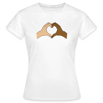 Farbiges Herzhände-Motiv – personalisierbar - Frauen T-Shirt - Weiß - Vorne - AI Model Female 172 dark (172cm)