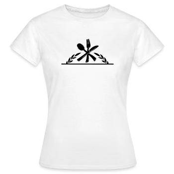 Logo du menu de couverts avec une demi-couronne de laurier. - T-shirt Femme - blanc - Devant - AI Model Female 172 dark (172cm)