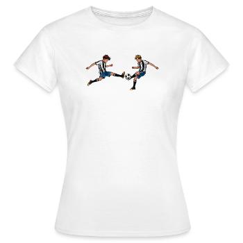 Deux garçons jouant au football – Art de l’esprit d’équipe sportif - T-shirt Femme - blanc - Devant - AI Model Female 172 dark (172cm)