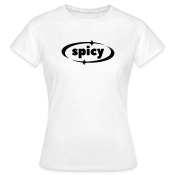 Spicy Statement – Y2K Textlogo mit Sternakzenten - Frauen T-Shirt - Weiß - Vorne - AI Model Female 172 dark (172cm)