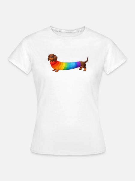 Dackel mit Regenbogen Pullover  - Frauen T-Shirt - Weiß