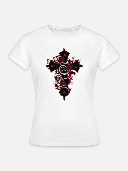rot schwarzes Gothic Kreuz mit floralen Elementen - Frauen T-Shirt - Weiß