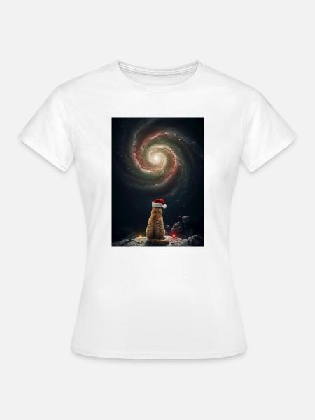 Weihnachtskatze vor der Galaxie - Frauen T-Shirt - Weiß