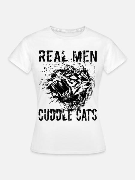 Echte Männer kuscheln Katzen - Löwen Spruch Mann - Frauen T-Shirt - Weiß