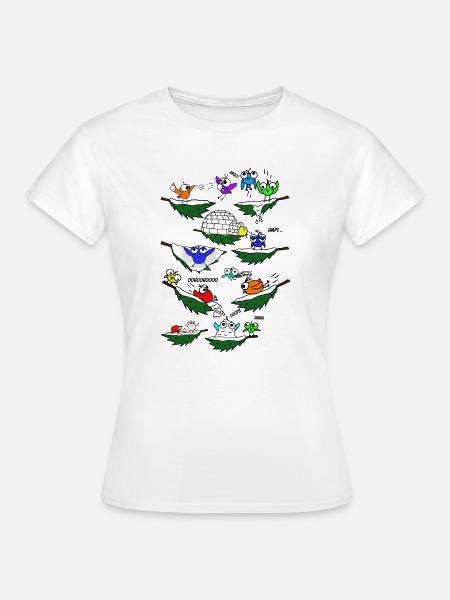 Bunte Vögel auf Ästen im Winter - Frauen T-Shirt - Weiß