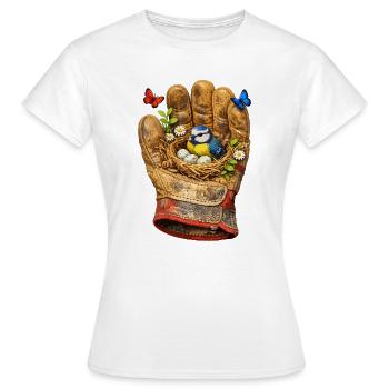 Nest im Handschuh mit Vogel und Blumen - Frauen T-Shirt - Weiß - Vorne - AI Model Female 172 dark (172cm)