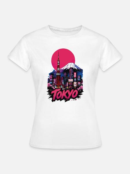 Tokyo Neon-Skyline mit pinker Sonne - Frauen T-Shirt - Weiß