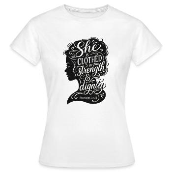 Femme de force et de dignité - Proverbes 31:25 - T-shirt Femme - blanc - Devant - AI Model Female 172 dark (172cm)