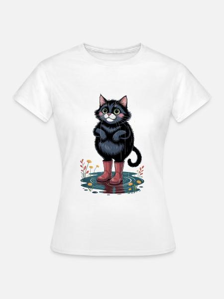 Süße schwarze Katze im Regen - Frauen T-Shirt - Weiß