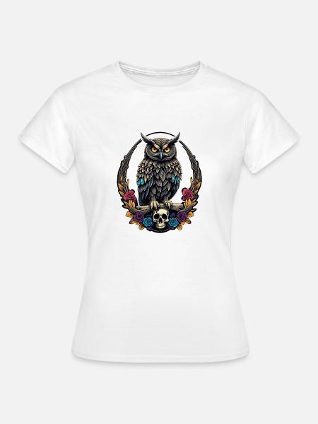 Dekorative Eule mit Skull und Rosenblüten - Frauen T-Shirt - Weiß