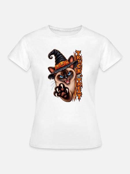 Siamkatze Hexenhut Trick or Treat Halloween - Frauen T-Shirt - Weiß