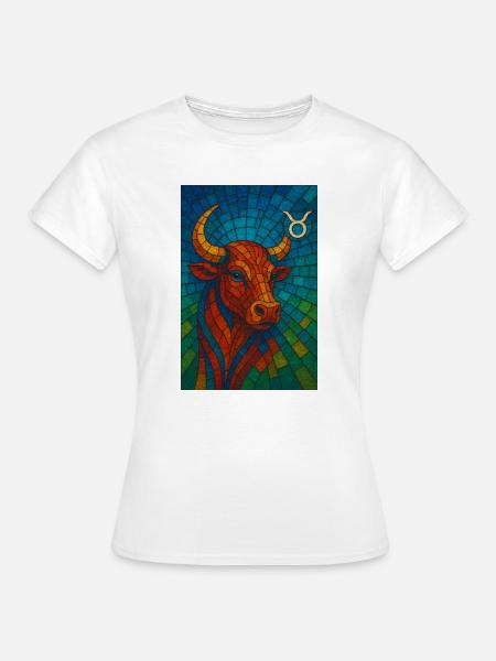 Taurus Stier – Buntes Glasmosaik Sternzeichen - Frauen T-Shirt - Weiß