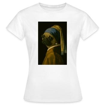 Carlin avec boucle d’oreille en perle dans le style de Mona-Lisa - T-shirt Femme - blanc - Devant - AI Model Female 172 dark (172cm)