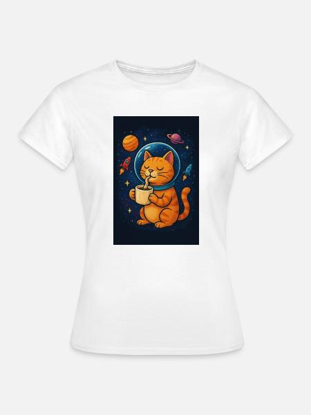 Katze im Raumanzug trinkt Kaffee - Frauen T-Shirt - Weiß