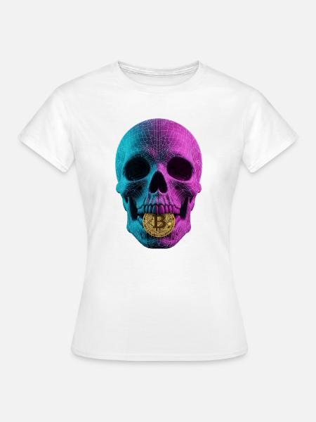 Bitcoin Skull Wireframe Design Cyan Magenta - Frauen T-Shirt - Weiß
