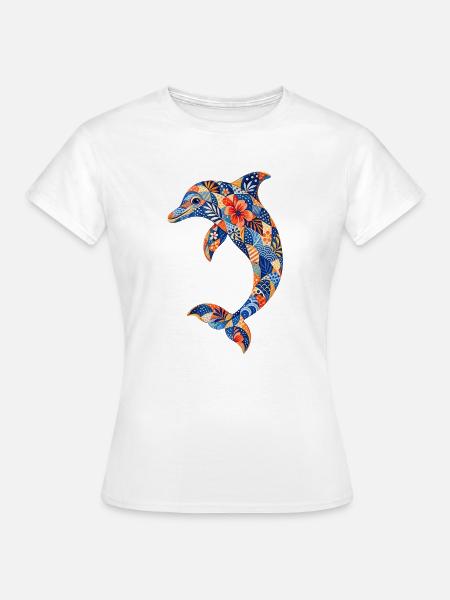 Patchwork-Delfin mit Blumenkraft - Frauen T-Shirt - Weiß
