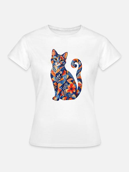 Patchwork Katze Blütenmuster - Frauen T-Shirt - Weiß