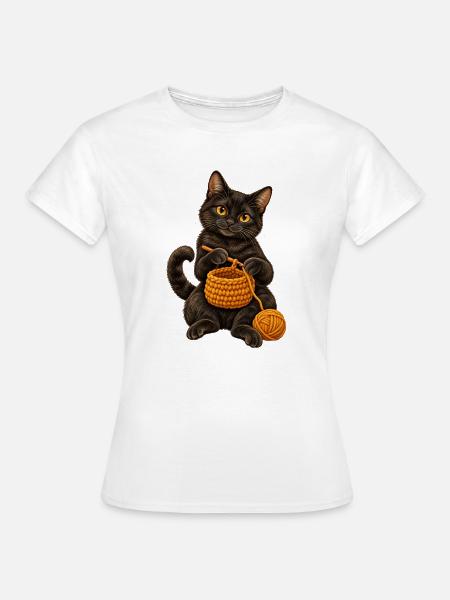 Schwarze Katze häkelt einen Korb - Frauen T-Shirt - Weiß