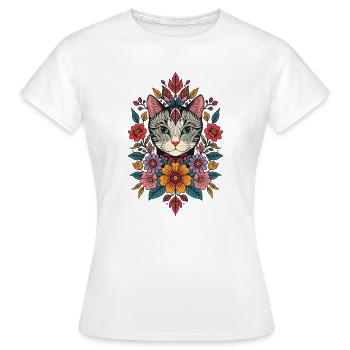 Katzenkopf im Blumenkranz - Frauen T-Shirt - Weiß - Vorne - AI Model Female 172 dark (172cm)