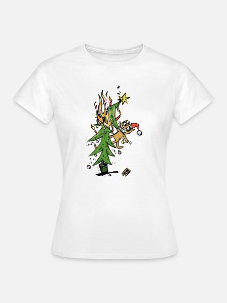 Weihnachten mit Katze im Baum - Frauen T-Shirt - Weiß