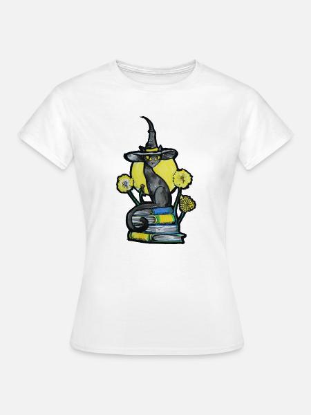 Hexenkatze zwischen Büchern - Frauen T-Shirt - Weiß