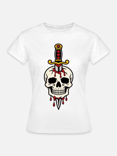 Schädel mit einem Tattoo-Dolch durchbohrt - Frauen T-Shirt - Weiß