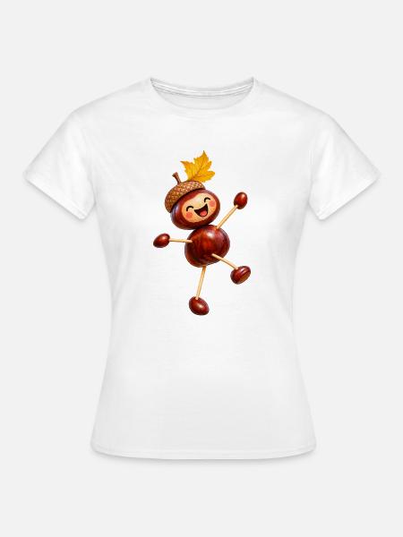 Fröhliche Kastanienfigur mit Eichelhut  - Frauen T-Shirt - Weiß