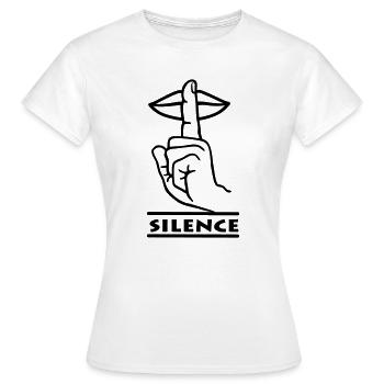 Hand mit Finger Stille Handgeste 'STILLE' - Frauen T-Shirt - Weiß - Vorne - AI Model Female 172 dark (172cm)