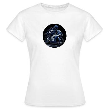 Blue racer on sport motorcycle - Women's T-Shirt - white - Front - AI Model Female 172 dark (172cm)