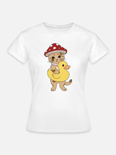 Süße Pilzkatze mit Ente - Frauen T-Shirt - Weiß